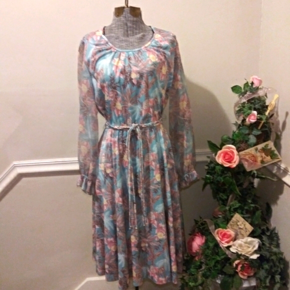 Vintage 1970's Lady Carol Blue Multi Tropical Floral, Sheer Sleeved Midi Dress - Picture 1 of 8